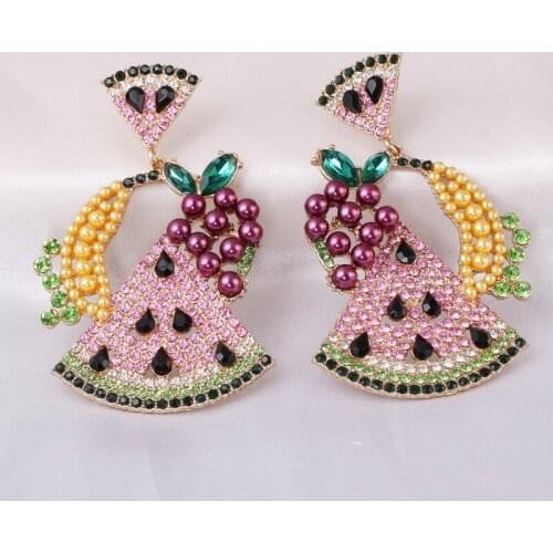 Cute Full Rhinestone Watermelon Funny Earrings for Women Girl Gold Color Metal Crystal Banana Grape Fruit Dangle Earrings Brinco