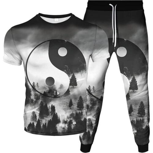 Men Fashion Tracksuit Clothes Harajuku Galaxy Yin Yang Gossip Tree Forest Weed Leaf Print Women Suits Cool T-Shirt+Trousers Sets