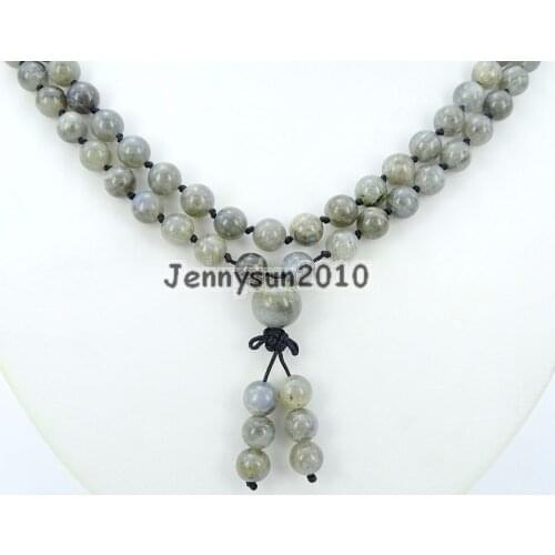 Natural Labradorite 8mm Gems Stone Buddhist 108 Beads Prayer Mala Knot Necklace Multi-Purpose 5Strands/Pack