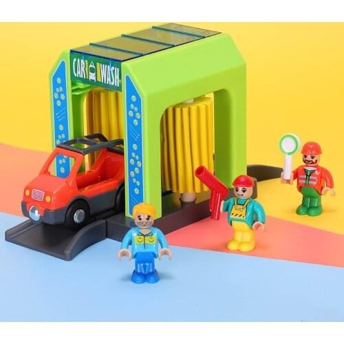 Plastic Car Wash Room Simulation Model Assembled Wooden Track Toy Set Wooden Railway Building Blocks Compatible with Brand Track