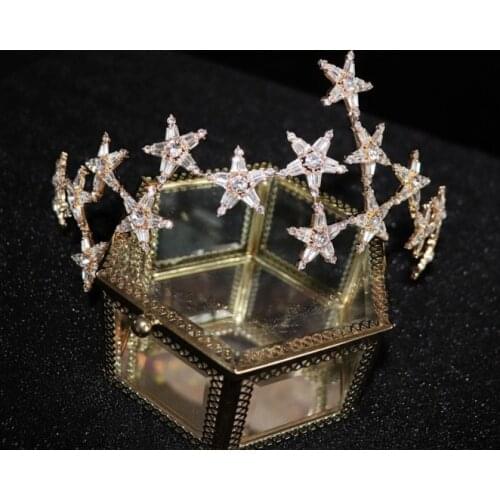 Princess Shinny Rhinestone Star Shape Bride Gold Headband Tiaras and Crowns Headpiece Wedding Bridal Hair Jewelry Accessories
