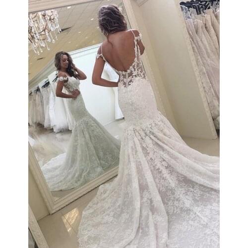 Romantic Lace Mermaid Wedding Dress Modest Open Back Spaghetti Straps Garden Bridal Gown Custom Made Plus Size Long Wedding Gown