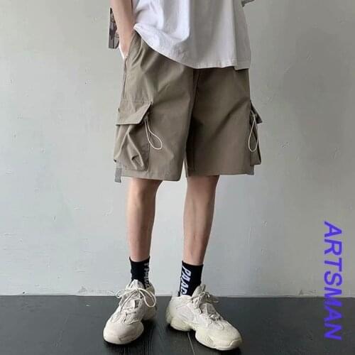 Summer Drawstring Shorts Mens Fashion Black Khaki Pocket Shorts Men Streetwear Korean Loose Hip-hop Reflective Shorts Mens