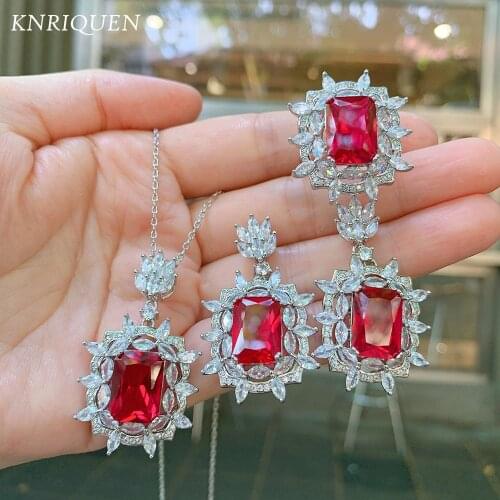 Charms 925 Sterling Silver Jewelry Sets for Women Vintage 10*14mm Ruby Gemstone Wedding Earrings Ring Pendant Set Fine Jewelry