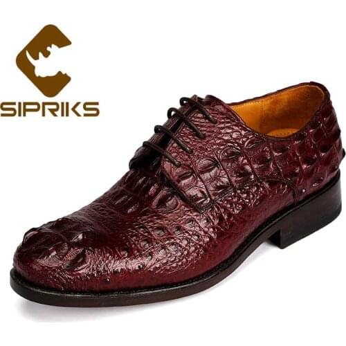 Sipriks Mens Crocodile Skin Leather Shoes Burgundy Lacing Derby Dress Shoes Dark Brown Outdoor Footwear Leather Outsole Shoes 45
