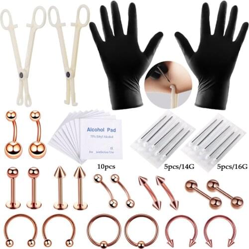 1Set 42PCS Tongue Eyebrow Nose Belly Button Body Jewelry Piercing Rings Clamp Gloves Needles Tool Kit Ear Plug Studs 14 16G