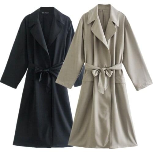 TRAF Women 2021 Fashion With Belt Pure Color Long Windbreaker Retro Long Sleeve Pocket Decoration Female Outerwear Streetwear