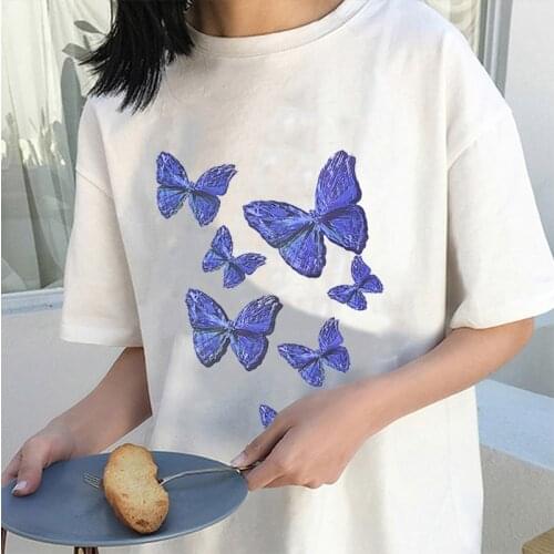 Summer Women T-Shirt Vintage Fashion Short Sleeve T-shirts Female Ulzzang Blue Butterfly Cartoon Print Oversized Tee shirt Tops