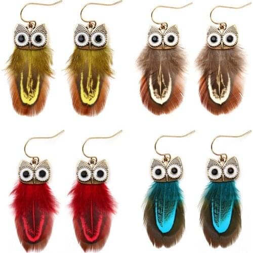 Owl Feather Earrings Jewelry Gift Bohemian Ethnic Vintage Cute Animal Big Eye Dangle Earrings For Women boucle d'oreille Bijoux