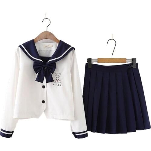 Women 2 Pieces Set Cartoon Rabbi Embroidery Tie Kawaii Blouse And Mini Pleated Skirts Mori Girl Sundress Cute Sweet Style Sets