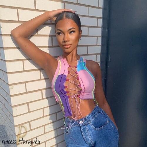 Nightclub New Sexy Bandage Cut Out Hole Crop Tops Women Camisole 2020 Summer Chic Punk Style Ribbed Knitting Tank Top Club Wear