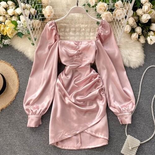Sexy Dress Satin Women Vintage Pink White Black Square Neck 2021 New Long Sleeve Mini Mujer Vestidos Party Robe Clothes Bodycon
