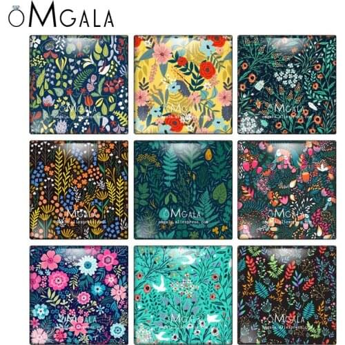 Green Plant Leaves Red Flowers Art Patterns 10pcs mixed 12mm/20mm/25mm/30mm photo glass cabochon demo flat back Making findings