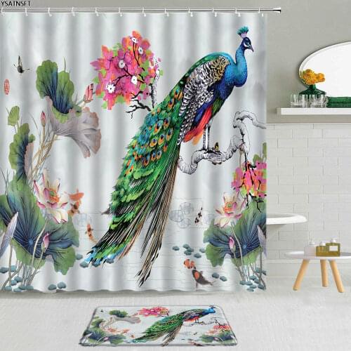 2Pcs Colorful Peacocks Shower Curtain Oil Painting Forest Flowers Green Leaves Bathroom Non-Slip Bath Mat Hanging Curtains Set