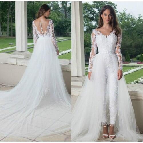 2020 Modest Overall Bride Dress Sweep Train Overcoat V Neck Long Sleeves Illusion Top Applique Wedding