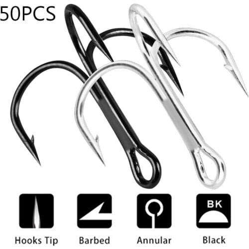 50Pcs Treble Fishing Hooks Worm Bait Holder Carbon Steel Barbed Fishhooks Super Sharp Triple Hooks Tackle Accessories with Box