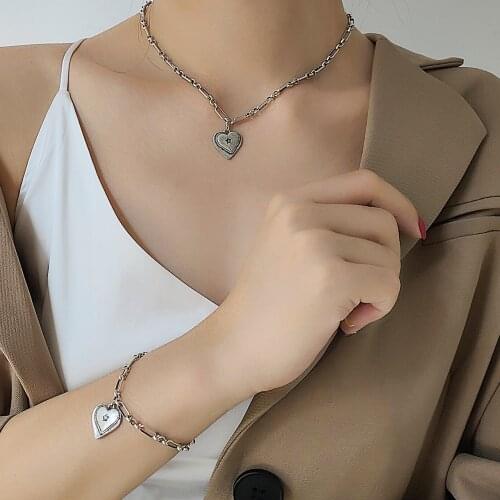 925 Silver Jewelry Set Necklace Bracelet Retro Love Heart Shape Pendant Personality Wild Necklace Bracelet Set