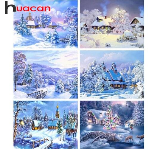 Huacan Diamond Embroidery Complete Kit House Diamond Art Painting Kits Winter Mosaic Landscape Handmade Gift Home Decoration