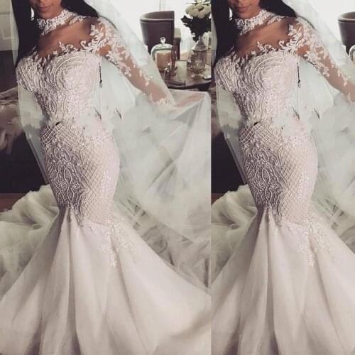 Arabic High Neck Mermaid Wedding Dresses Modern Lace Appliques Beads Plus Size Long Sleeves Country Garden Bride Wedding Gown