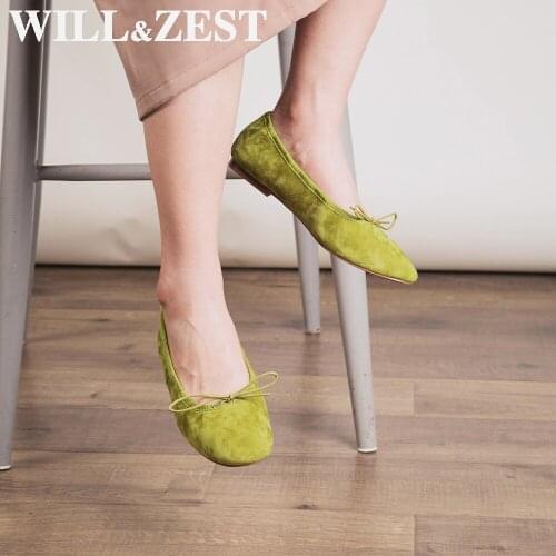 WILL&ZEST Woman Cute Sheep Suede Ballet Flats Slip on Designer Mocassin Fall Dropshipping Nursing Comfortable Work Green Shoes