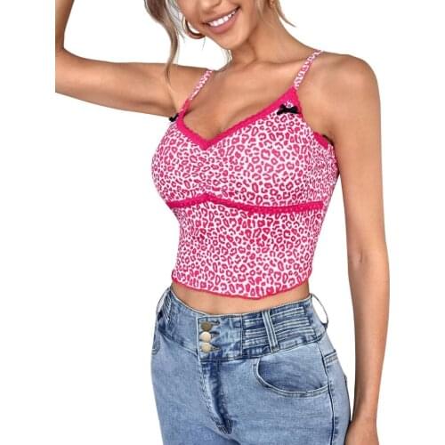 Womens Leopard Print Camisole Sexy V Neck Spaghetti Strap Sleeveless Lace Patchwork Crop Tops