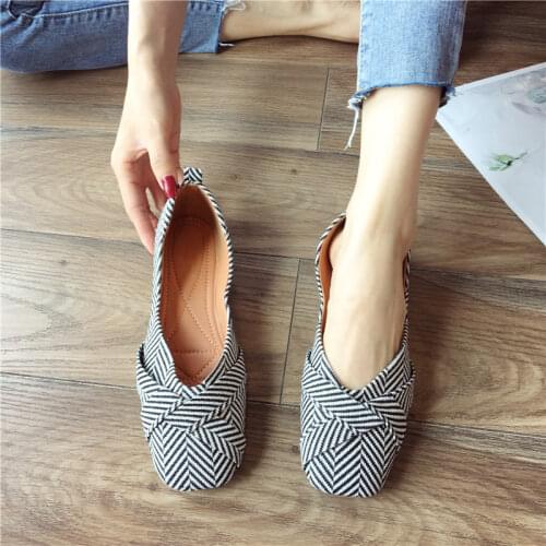 Spring Summer Breathable Striped Cloth Women Shoes Casual Shallow Mouth Square Head Flats Ladies Slip-On Light Loafers Black Red