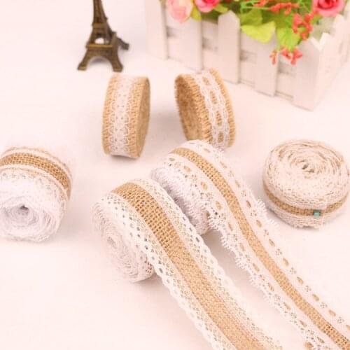 Jute Hessian Burlap Ribbon Roll 2M Roll Natural Burlap Wreath with White Lace for Gift Wrapping Strap Wedding Party Home Decor