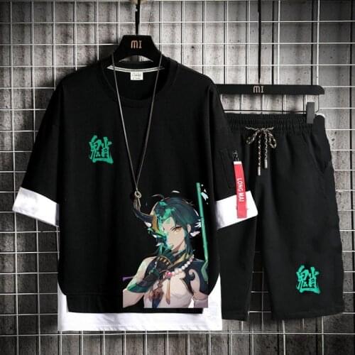 Genshin Impact Xiao Manga cosplay Short Sleeve Cotton Trendy T-shirt Japan Anime Male Xiao Game Tee Tops Oversized Clothes suits