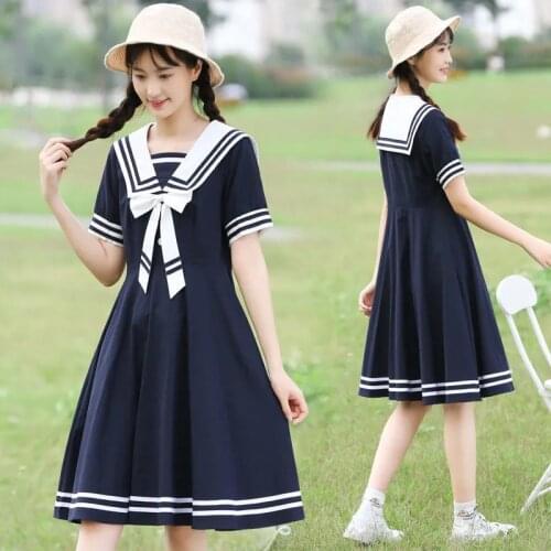 Japanese Style Cotton Sailor Collar Cute Bear Embroidered Bow Tie Short Sleeve Dress Mori Girl Sumemr Women Kawaii Blue Dress
