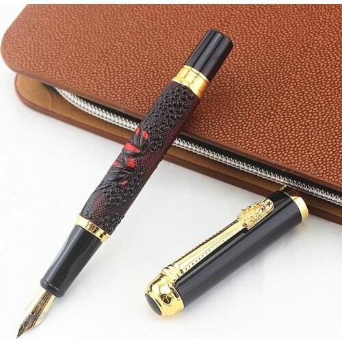 Classic Red Fountain Pen Grape Embossed Pattern Golden Drogon Clip Medium Nib Writing Pen for Office Business Metal ink pen