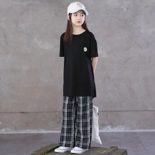 Japan Style Kids Girls Vintage Fashion Casual Outfit 2 pieces Black White Plaid Pants Teenage Girls Clothes Set Family Wear