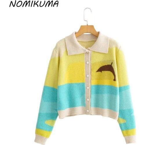 Nomikuma Korean Contrast Color Cartoon Jacquard Knit Sweaters 2021 Autumn Turn-down Collar Cardigan Causal Short Knitwear 6L905