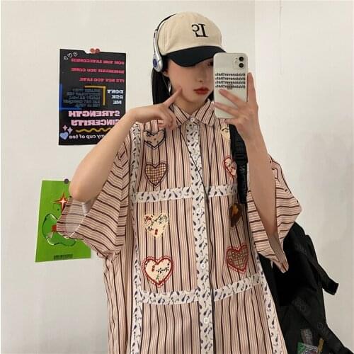 Summer Female Korean Vintage Striped Short-Sleeved Shirt Love Printing Loose Lazy Commuter All-Match Fashionable Male Blouse