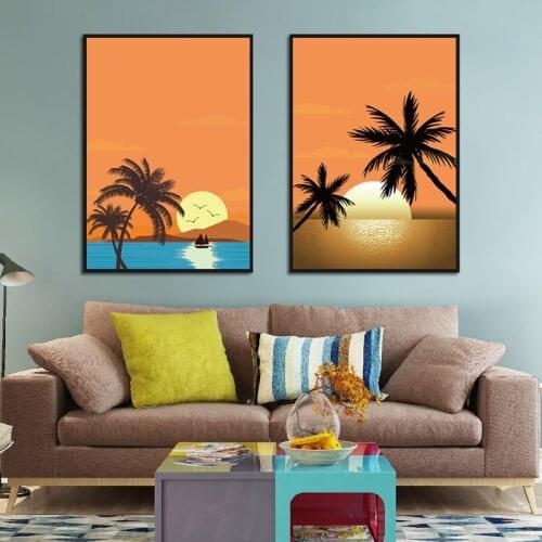 Nordic Minimalist Wall Art Canvas Painting Poster Beach Coconut Tree Sunset Landscape Picture Modern Home Decor Bedroom Mural