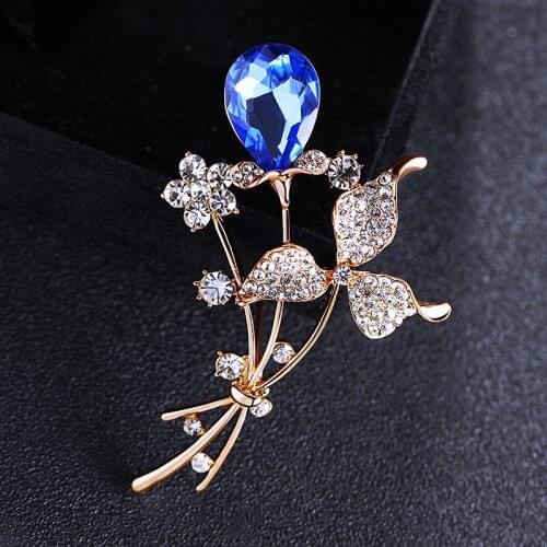 Fashion Rhinestone Flower Brooch Bouquet Blue Crystal Jewelry For Women Men Accessories Fine Gift Broche De Flores