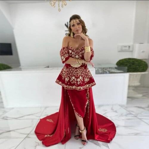 Trendy 2021 Red Moroccan Kaftan Muslim Evening Dresses Off Shoulder Long Sleeves Applique Beads Prom Dress Arabic Dubai Gown