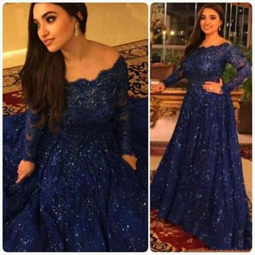 Fashion Dark Royal Blue Scoop Appliqued Beaded Bling Bling Long Sleeve A Line Evening mother of the bride Dresses