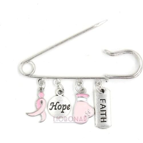 New Arrival Breast Cancer Awareness Brooch Pin Hope Faith Breast Cancer Pink Ribbon Pin Brooch Safety Pins for Compaign