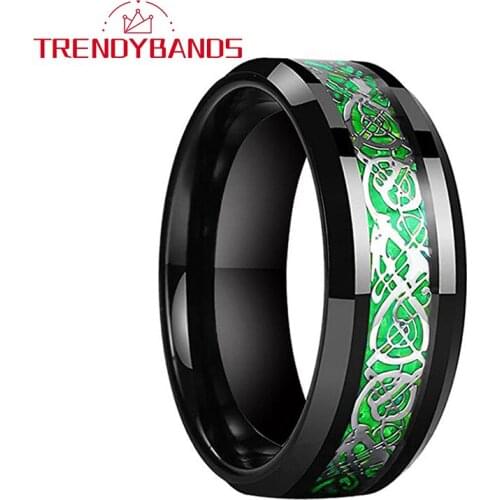 Men Women Wedding Band Black Tungsten Carbide Ring With Green Opal And Original Dragon Inlay 8MM Comfort Fit