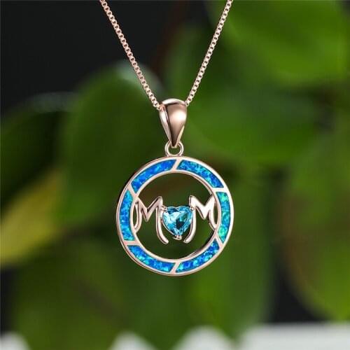 Dainty Rose Gold Color Chain Necklace Round Hollow Blue Opal Mom Necklace Vintage Female Heart Stone Pendant Necklaces For Women