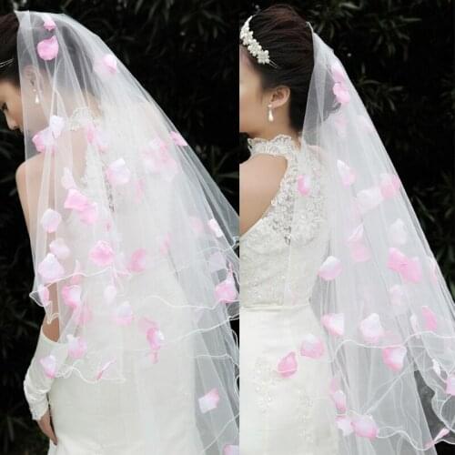 Romantic Women Wedding Dress Petals Veil Layers Tulle Ribbon Edge Bridal Veils