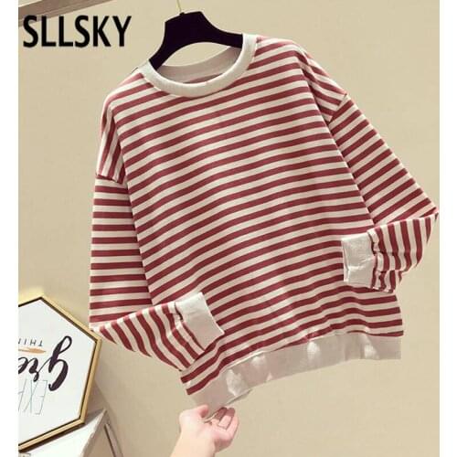Sllsky Autumn Striped Knitted Hoodies Sweatshirts Women Casual Gentle Long Sleeve Loose Pullovers Patchwork O-Neck Collar Tops