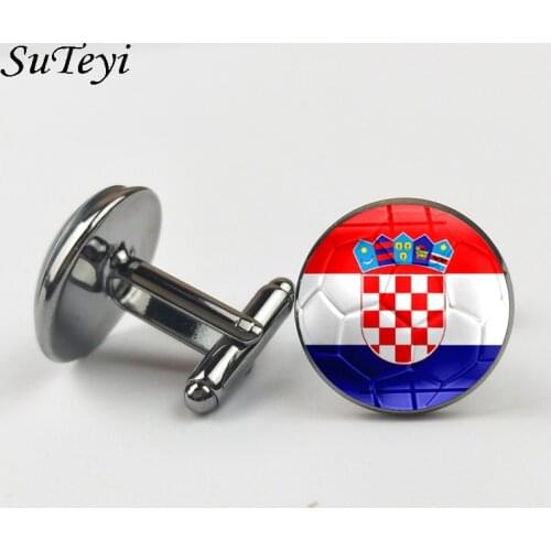 SUTEYI Fashion Football Glass Cabochon Cufflinks Croatia National Flag Shirt Cuff Links Men Women Jewelry Accessories