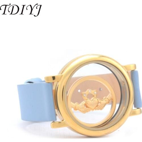 TDIYJ Fashion Jewelry Stainless Steel Magnetic DIY Locket Bracelet 1Set with 25mm Claddagh Coin and PU Leather Warp Bracelet