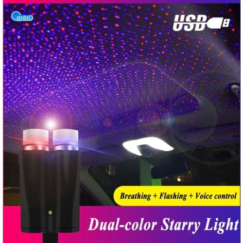 USB Car Dual-color Star Light Projector Decorative Starry Sky Light 360° Rotating Multi Modes Atmosphere Lights Ambient Lamp
