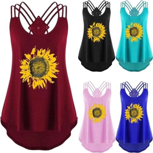 Top Women Blouse Vest Sleeveless Sunflower Print Backless High Low Hem Camisole