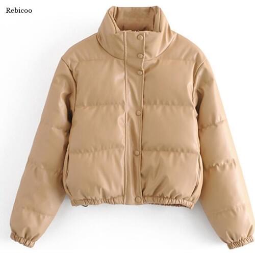 Women Fashion Faux Leather Padded Jacket Thick Warm Parka Coat Vintage Long Sleeve Female Outerwear Chic Tops