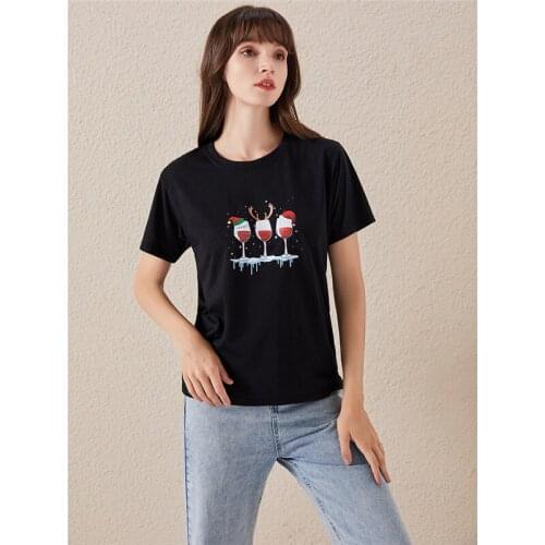 Women Christmas T Shirt Funny Christmas Wine Glass Santa Claws Printed Loose T Shirt Short Sleeve Cute Tees Female Graphic Tops