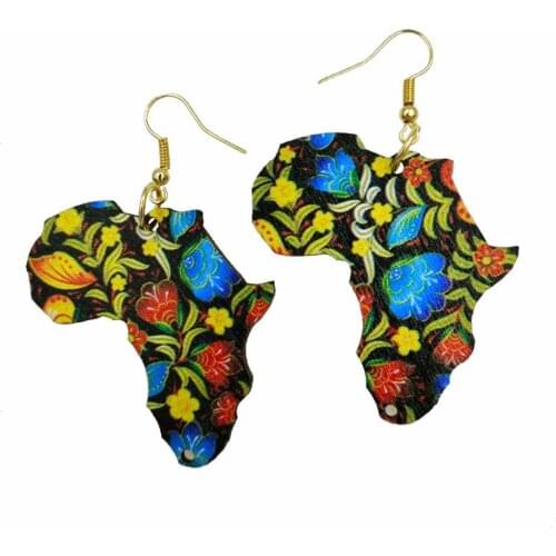 New African Map Drop Earrings Cute Printing Flower Earrings Women Golden Hooks Wooden Earring Asymmetrical Earring 30 Colors