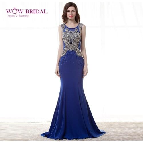 Wowbridal Graceful Blue Long Evening Dress 2021 Bling Bling Crystal Pattern Sequins Beaded Mermaid Sweep Train Women Formal Gown